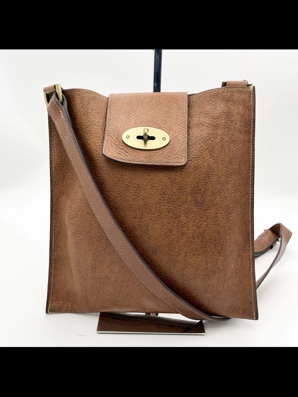 Mulberry Brown Leather Messenger Bag with Gold-Tone Turnlock